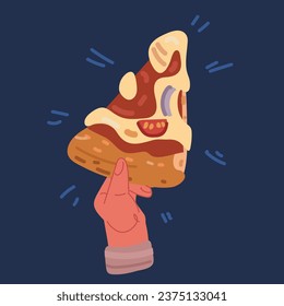 Cartoon vector illustration of Hand with triangle pizza slice. Fingers holding, taking Italian fast food piece, snack with pepperoni sausage, cheese over dark backround