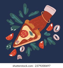 Cartoon vector illustration of Hand with triangle pizza slice. Fingers holding, taking Italian fast food piece, snack with pepperoni sausage, cheese, olives and crust over dark backround