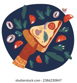 Cartoon vector illustration of Hand with triangle pizza slice over dark background