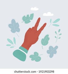 Dibujo vectorial de mano con dos dedos arriba en el símbolo de paz o victoria. También el signo de la letra V o de dos cantidades. Aislado sobre fondo blanco.