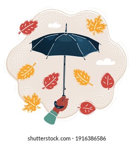 Cartoon vector illustration of hand with umbrella and falling leaves around.