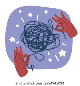 Cartoon vector illustration of hand unravels a tangled thread