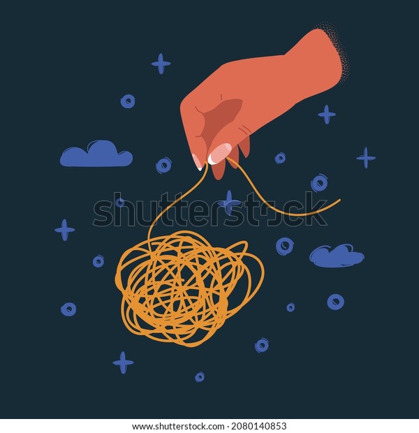 Cartoon vector illustration of hand unravels a\
tangled thread on dark\
backround.