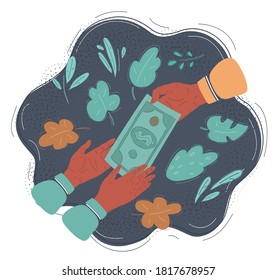 Cartoon vector illustration of handing over stacks of cash to other Hand Isolated on dark background.