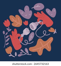 Ilustração de vetor de desenhos animados de manuseio à mão de plugues. Desligue e ligue. Apague a luz sobre fundo escuro