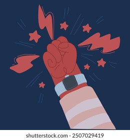 Cartoon vector illustration of hands clenched power strength over dark backround