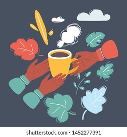 Cartoon vector illustration of hands with coffee mug. One person give another. Object on dark background.