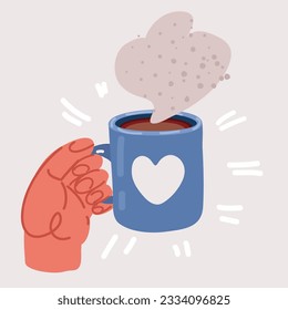 Cartoon vector illustration of Hands with coffee mug, heart on it
