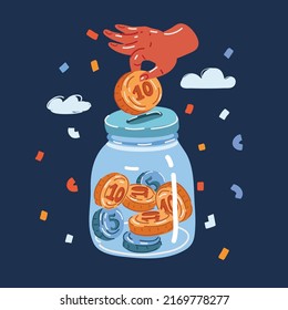 Cartoon vector illustration of hands collecting coins in a glass jar. Saving for retirement concept over dark backround