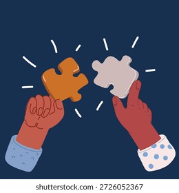 Ilustración vectorial de manos de dibujos animados combinan piezas de rompecabezas sobre fondo oscuro.