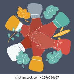 Cartoon vector illustration of hands connecting. Group of friends and friendship concept on dark.