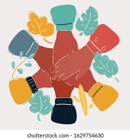 Cartoon vector illustration of hands connecting. Get together. Symbol of people group