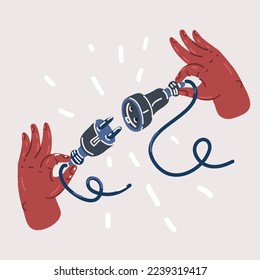 Cartoon vector illustration of hands connecting electrical plug