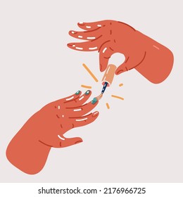 Cartoon vector illustration of hands covers the nails with nail polish