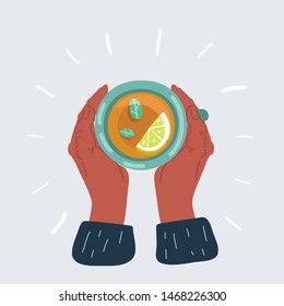 Cartoon vector illustration of hands with a cup of tea or herbal hot drink with lemon. Object on white background.