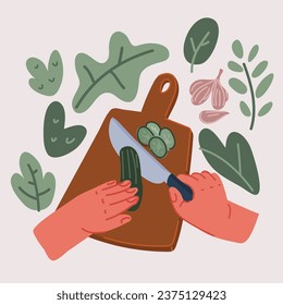Cartoon vector illustration of Hands Cutting cucumber icon by knife on cutting board