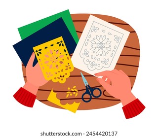 Cartoon-Vektorillustration der Hände schneiden Papel picado. Weibliche Hände mit gelber festlicher Gitterkarte mit abstrakter Blumendarstellung. Draufsicht auf mexikanisches Handwerk handgefertigt