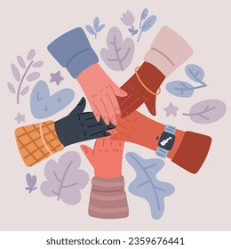 Cartoon vector illustration of Hands of diverse group of people putting together. Concept of cooperation, unity, togetherness, partnership, agreement, teamwork