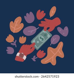 Ilustração vetorial de desenhos animados de mãos com notas de dólar. De mão em mão
