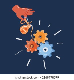 Cartoon vector illustration of hands with drop of oil on gear over dark backround
