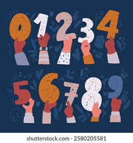 Cartoon vector illustration of Hands with fingers.Icon set for counting education. Numbers set hold in hands. Votes of judges. 1,2,3,4,5,6,7,8,9,0. One, two, three, four, five, six, seven, eight, nine