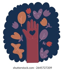 Cartoon vector illustration of hands in the form of heart against the sky pass sun beams. Hands in shape of love heart over dark background