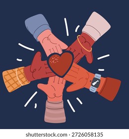 Cartoon, Vektorgrafik von Händen, die die Herzform als Konzept des Gebens von Liebe, Verbindungs-Einheit, Kinderbetreuung Adoption auf dunklem Hintergrund bilden