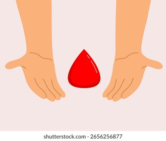 Una Ilustración vectorial de dibujos animados de manos sosteniendo suavemente una gota de sangre, que simboliza la atención médica, la donación y la conciencia de salud. Perfecto para campañas de atención médica y campañas de donación