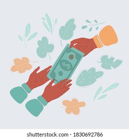 Cartoon vector illustration of Hands, giving money to other hands. Salary, charity, poverty, wealth concept.