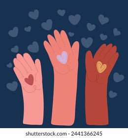 Cartoon vector illustration of hands up with hearts on it over dark background