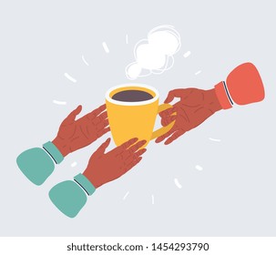 Cartoon vector illustration of hands of help. One person give hot mug of coffe to another. Charity and care concept on white isolated background.