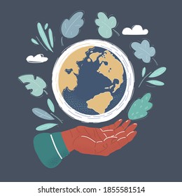 Cartoon vector illustration of hands hold the Earth globe on dark.