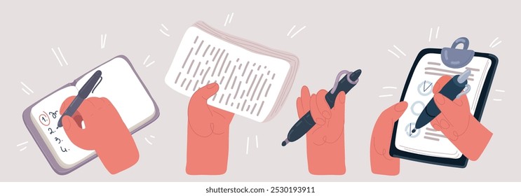 Cartoon-Vektorgrafik von Hands Hold Contract Pen, Unterschrift, Zwischenablage und Kontrollkästchen, Planer und Ziele innen.