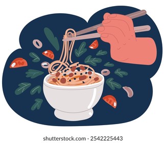 Ilustración vectorial de dibujos animados de manos sostener palillos y comer fideos sobre fondo oscuro