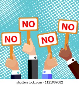 Cartoon vector illustration of  hands holding plate with word NO!