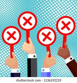 Cartoon vector illustration of  hands holding plate with cross mark!