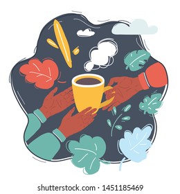 Cartoon vector illustration of hands holding yellow cup of tea or coffee. Health care, donate and family insurance concept, world heart day, world health day. Help to the needy, humanity, charity.