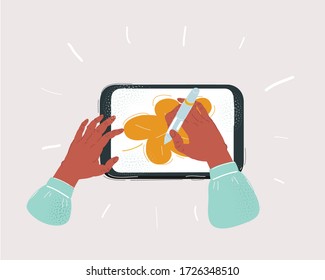 Cartoon vector illustration of Hands holding digital pen, stylus drawing on tablet on white background.