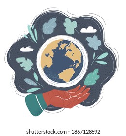 Cartoon vector illustration of Hands holding a globe earth on dark background.