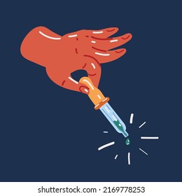 Cartoon vector illustration of Hands holding an eyerdropper with fluid over dark backround