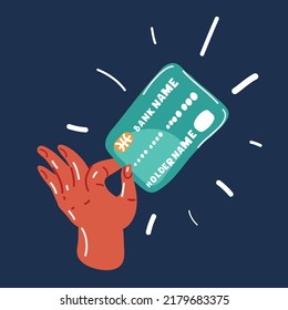 Cartoon vector illustration of hands holding credit card while shopping online over dark backround