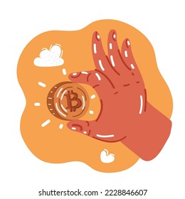 Ilustración vectorial de las manos con una moneda de oro bitcoin, criptodivisa, btc cripto moneda