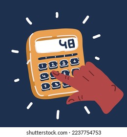 Cartoon vector illustration of Hands holding a modern calculator over dark backround