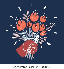 Cartoon vector illustration of hands holding bouquet of wildflowers. Blooming flowers. Romantic present for a loved one over dark background