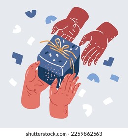 Cartoon vector illustration of hands holding gift box