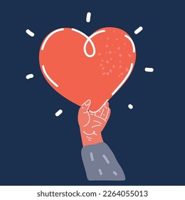 Cartoon vector illustration of hands holding heart over dark background