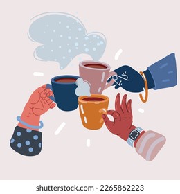 Dibujo vectorial de las manos sosteniendo café o taza de té. simbolizar el trabajo conjunto en pro de intereses comunes. Reunión de amigos o compañeros de trabajo. Tea Party
