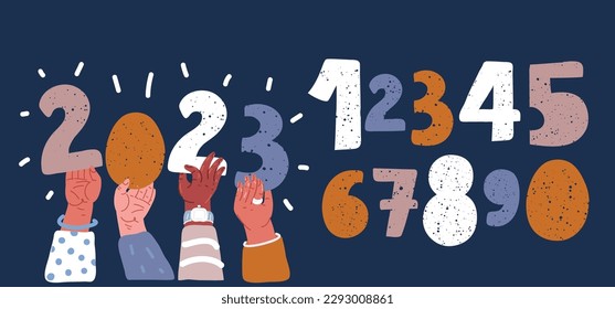 Cartoon vector illustration of hands holding up 2022 numbers. Numbers 1 through 10 over dark background