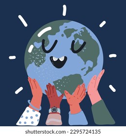 Dibujo vectorial de las manos que sostienen el planeta Tierra sobre fondo oscuro