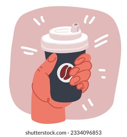 Cartoon vector illustration of Hands holding with paper coffee cup.